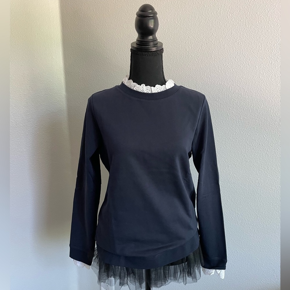 Boden navy blue knit top, long sleeves with eyelet detail, size M